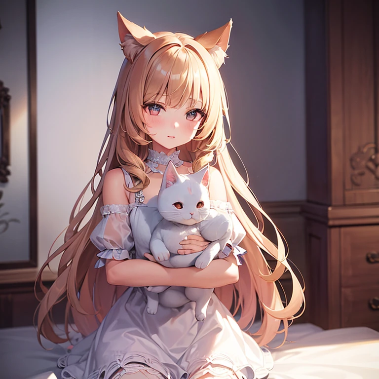 A  with large cat ears, wearing a cute outfit, holding a small cat, intricate detailed rendering, photorealistic, high resolution, masterpiece, delicate colors, soft lighting, warm tones, fantasy, whimsical