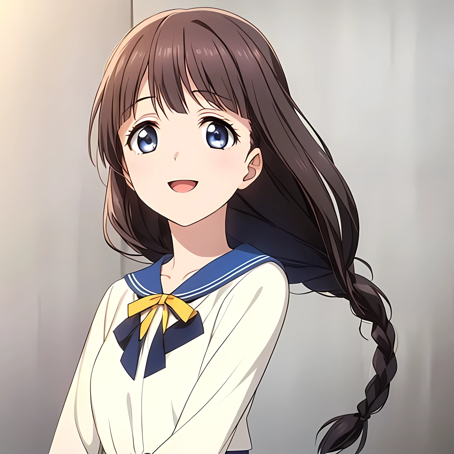 (highest quality, masterpiece:1.2), highest quality, High resolution, 1080p, 8K, Height: 158cm, Game CG, ((A beautiful girl, the game heroine, is smiling and looking proudly.)), A face that everyone loves, Glossy lips, Even bangs, Double, Long eyelashes on both the top and bottom, Smiling blue eyes, The very large and thick yellow ribbon bowtie is very cute., ((Black Hair)), ((Beautiful, shiny, long braids)), ((A long, neat, dark navy pleated skirt)), (((A long-sleeved winter sailor uniform in cream and navy blue))), cream sleeves, Cream colored blouse, Smiling, slightly open mouth like a game heroine, Ribbon in hair, Tight waist, (((The background is a blank white wall))), ((The wind blowing upwards is only shaking my bangs)), The ribbon is big and very pretty.