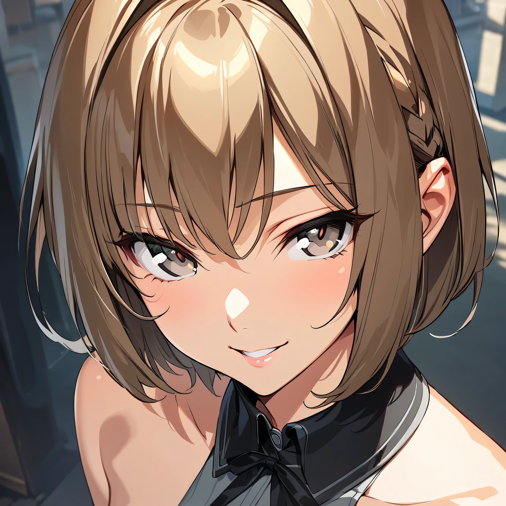 (masterpiece),(best quality),(ultra-detailed),(best illustration),(best shadow),(absurdres),(detailed background),(very aesthetic), nitta_io(ds2), brown hair, grey eyes, short hair, very close-up, , portrait, seductive smile, 