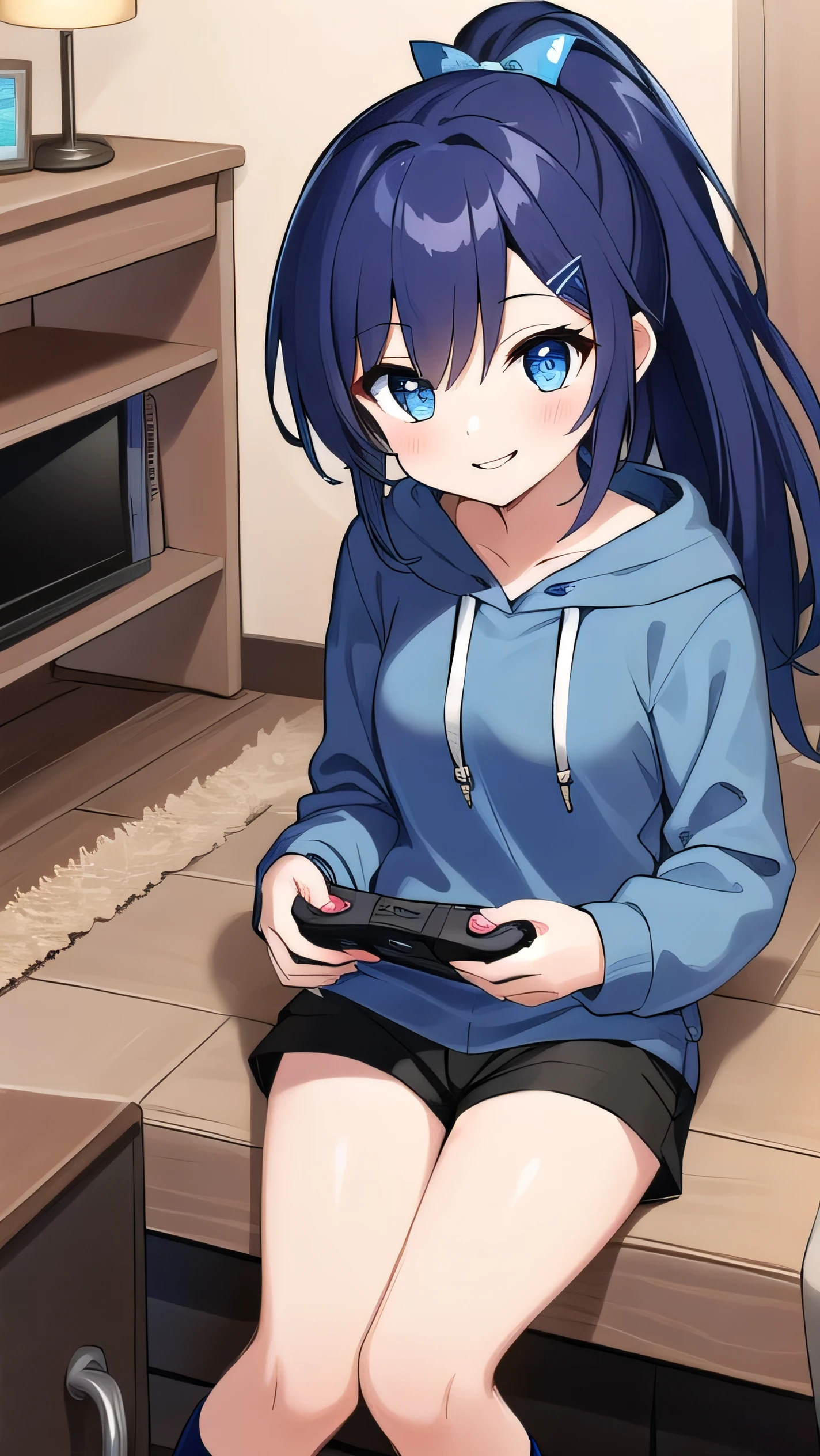 Blue-purple hair, dark blue eyes, long hair, ponytail, (hairpin:1.1), long-sleeved hoodie, ,small breasts,shorts, middle school student, 14 years old, short, round eyes, sparkling eyes, owns a game console, confident, smiling a little There is,