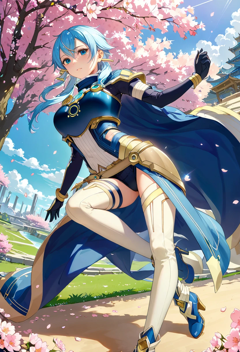 alone, 1 girl, sinonsolus, keep, arms, Focus on women, Cape, armor, Sacred Bow Annihilate Ray, Handguard, Waist-wrap skirt, breastplate, full armor,Thigh High High Heel Boots, Cherry blossoms bloom all over the ground,Background of falling cherry blossom petals (((masterpiece))), ((highest quality)), ((Intricate details)) (8k)