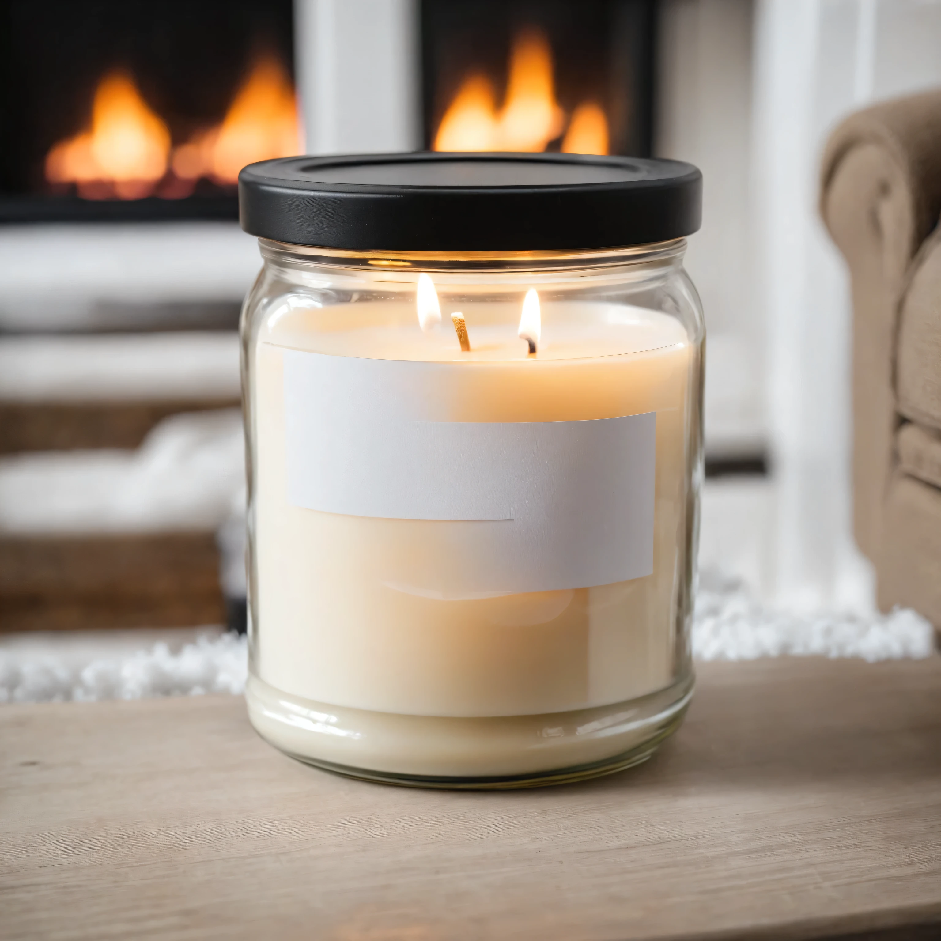 Mockup empty, a blank small beige candle in a jar with white label and black lid standing on table in cosy living room with snowy winter outside, and fireplace in the background, sony a7 camera, 50mm lens, shallow depth of field macro photography