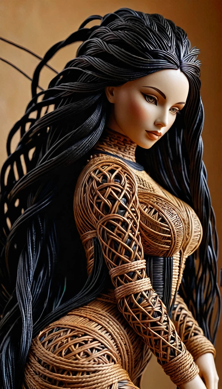 Sculpture du corp d'une sublime grande femme moderne faite en rotin tressés, corps entier, highly detailed rattan, very long black hair in dark raffia rope braids , Sculpture très détaillé, (proportions parfaites, sublime poitrine effet push-up,  long sublime legs very detailed, marche vers moi, me regarde droit dans les yeux, two perfectly detailed bare feet, fine and detailed hands, Perfect face very detailed), (Best quality, 8k,masterpiece:1.2, hyperRéaliste:1.2), ((marche vers moi, me fait face))