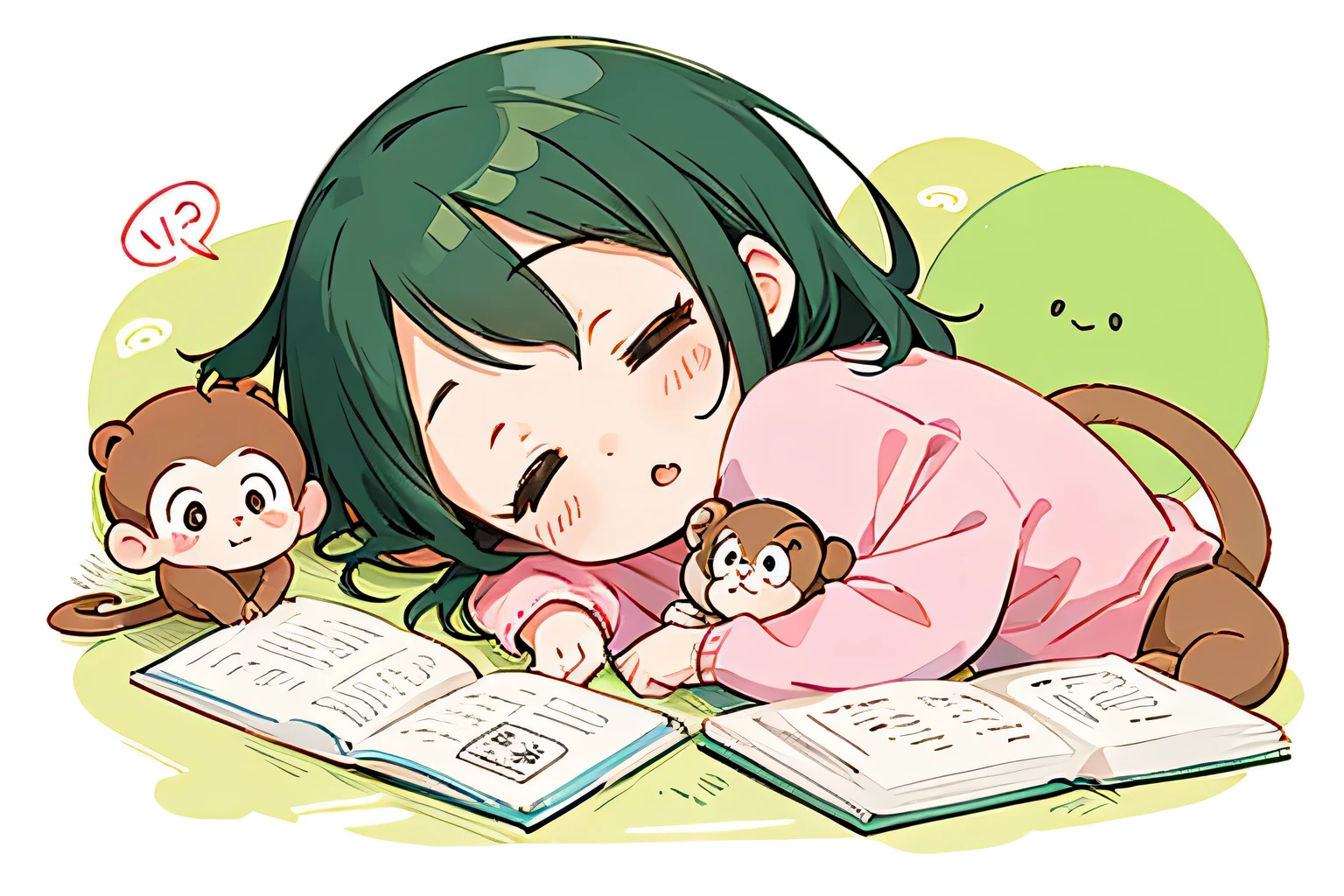 watase Seizo style, Kawaii Design, The most beautiful girl of all time、Chibi, play together、cute monkeys, Taking a nap together