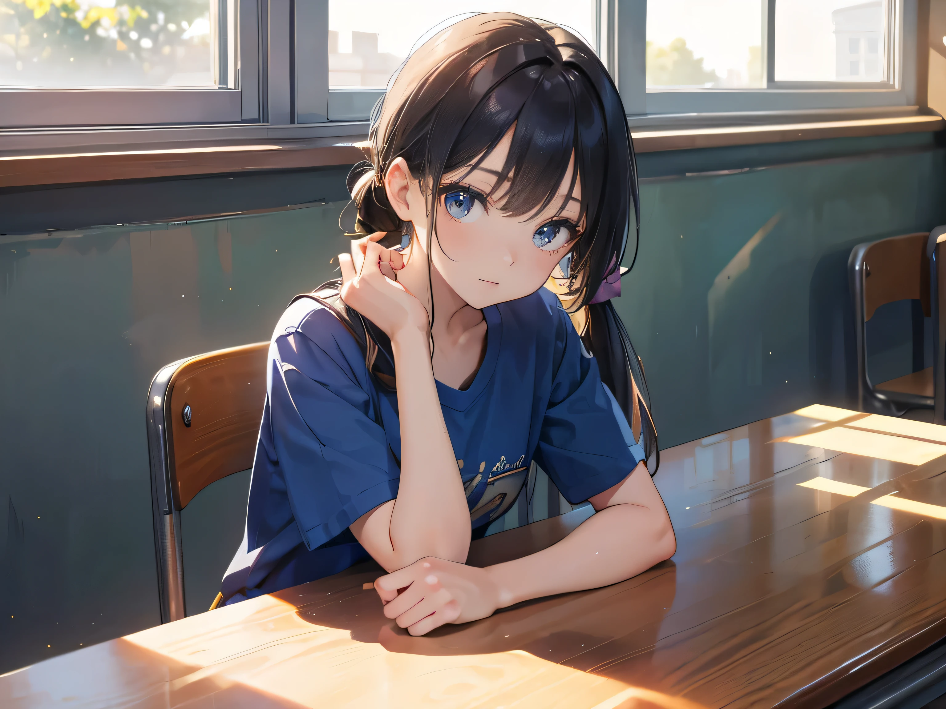 beauty，masterpiece，Highest quality，Exquisite details，Two arms，Cover your hands，Empty classrooms，The evening sun shines in from the window，Girl wearing blue T-shirt school uniform，sitting，Lie your upper body on the table，long ponytail，Beautiful