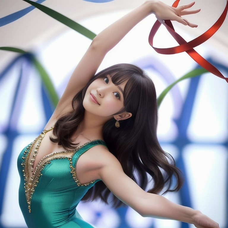 Photo-realistic quality、A 20-year-old female idol wearing a light gray-blue leotard, Real young gravure idol, A young and cute gravure idol、She is performing a rhythmic gymnastics ribbon routine.、White ribbon、looking at the camera、A soft and gentle look、Detailed and beautiful eyes、Cute smile、A soft and gentle look