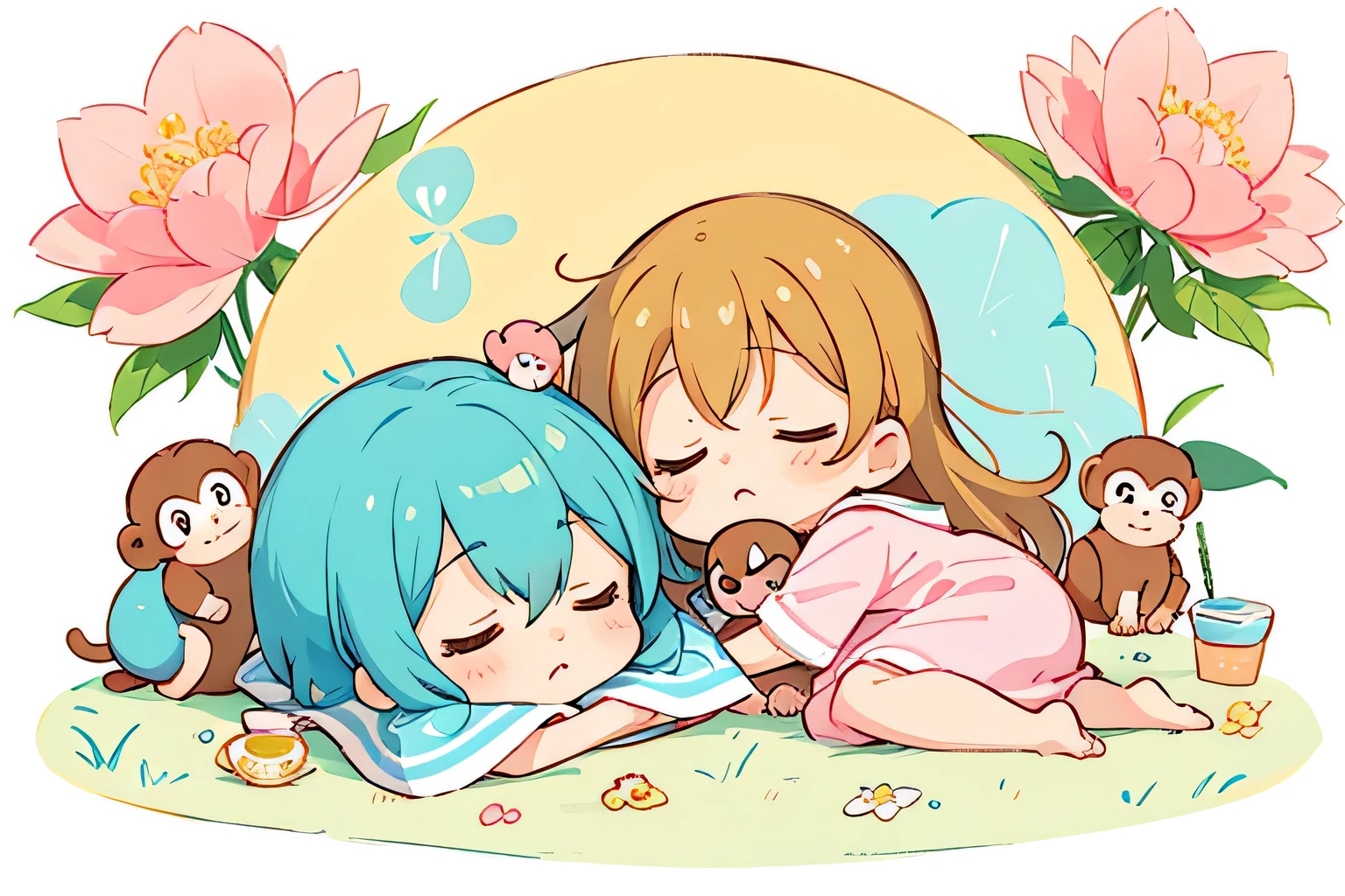 watase Seizo style, Kawaii Design, The most beautiful girl of all time、Chibi, play together、cute monkeys, Taking a nap together