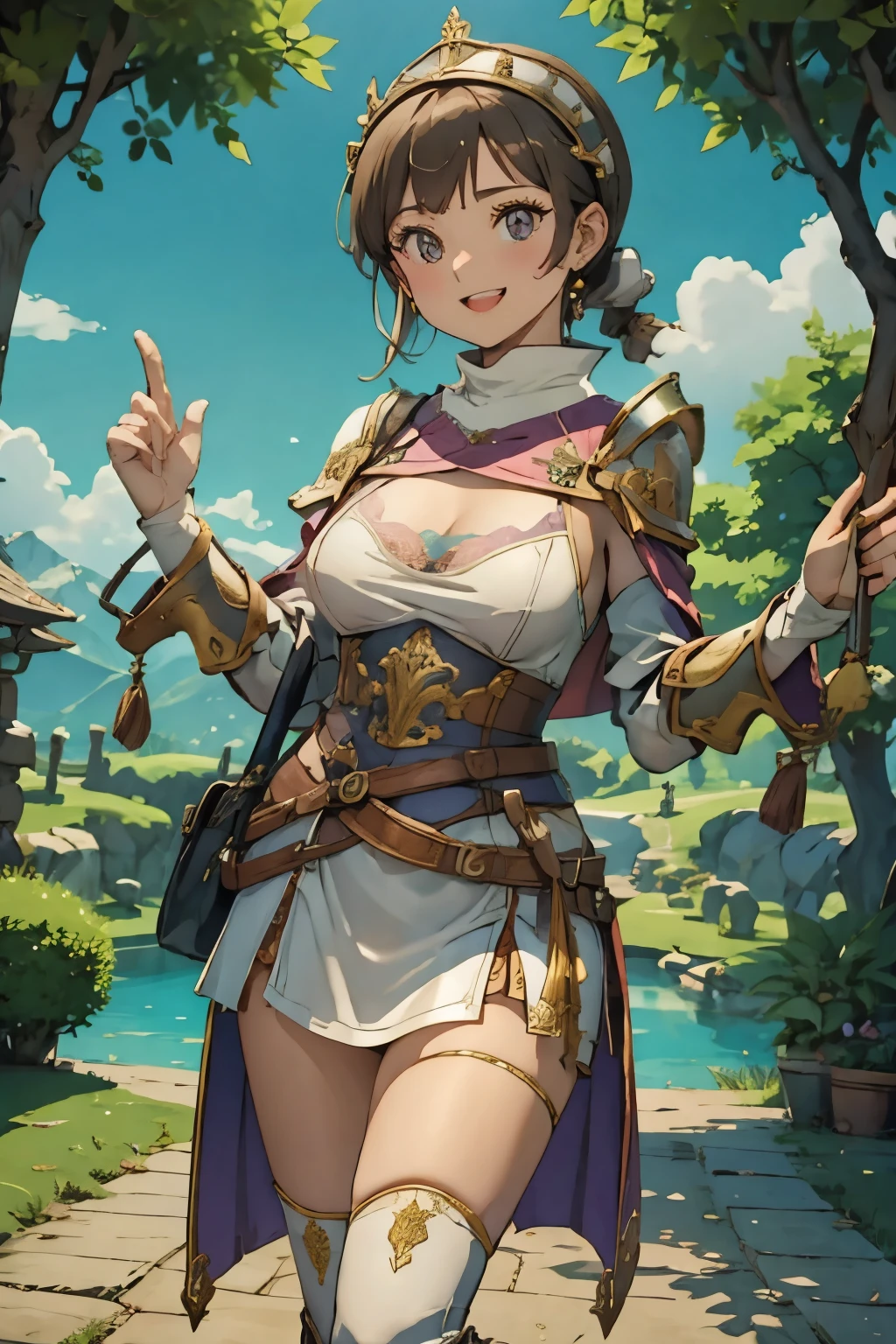 masterpiece, highest quality, Adult women,Very detailed,Rin々Nice face,Open Mouth Smile,White, pink, and purple adventurer uniform,Medieval Europe,Show your armpits,Black eyes,The dignity of a hero,tattoo,Cape,Legs visible through the skirt,Natural Beauty,Cinematic,Large Breasts,Cleavage,10 wearing armor.0,Showing from the knees up 10,