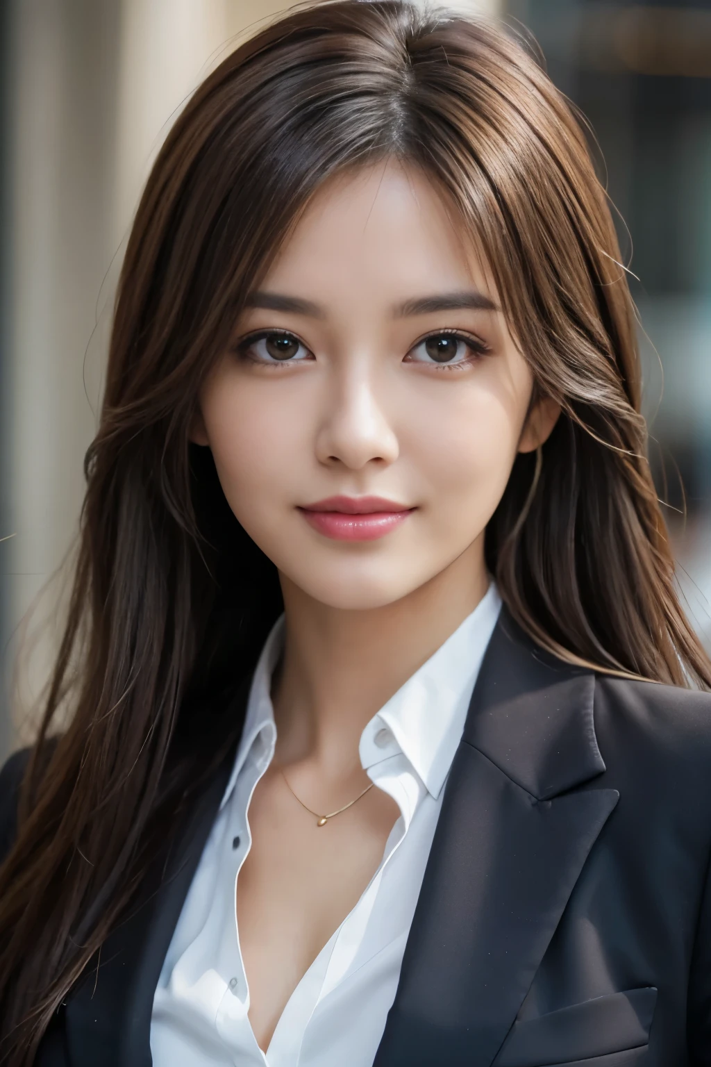 Tabletop, highest quality, Realistic, Super detailed, In detail, High resolution, 8k wallpaper, 1. Beautiful Women,, Light brown messy hair, Wearing a business suit, Sharp focus, Perfect dynamic composition, Beautiful fine details, Fine hair, Detailed and realistic skin texture, smile, Close-up portrait, Model Body Type