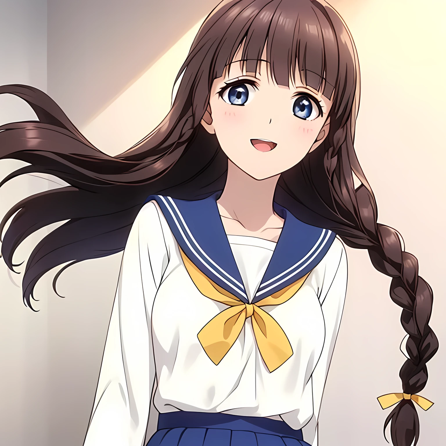 (highest quality, masterpiece:1.2), highest quality, High resolution, 1080p, 8K, Height: 158cm, Anime-style CG, ((A beautiful girl, the game heroine, is smiling and looking proudly.)), A face that everyone loves, Glossy lips, Even bangs, Double, Long eyelashes on both the top and bottom, Smiling blue eyes, The very large and thick yellow ribbon bowtie is very cute., ((Black Hair)), ((Beautiful, shiny, long braids)), ((A long, neat, dark navy pleated skirt)), (((A long-sleeved winter sailor uniform in cream and navy blue))), cream sleeves, Cream colored blouse, Smiling, slightly open mouth like a game heroine, Ribbon in hair, Tight waist, (((The background is a blank white wall))), ((The wind blowing upwards is only shaking my bangs)), The ribbon is big and very pretty.