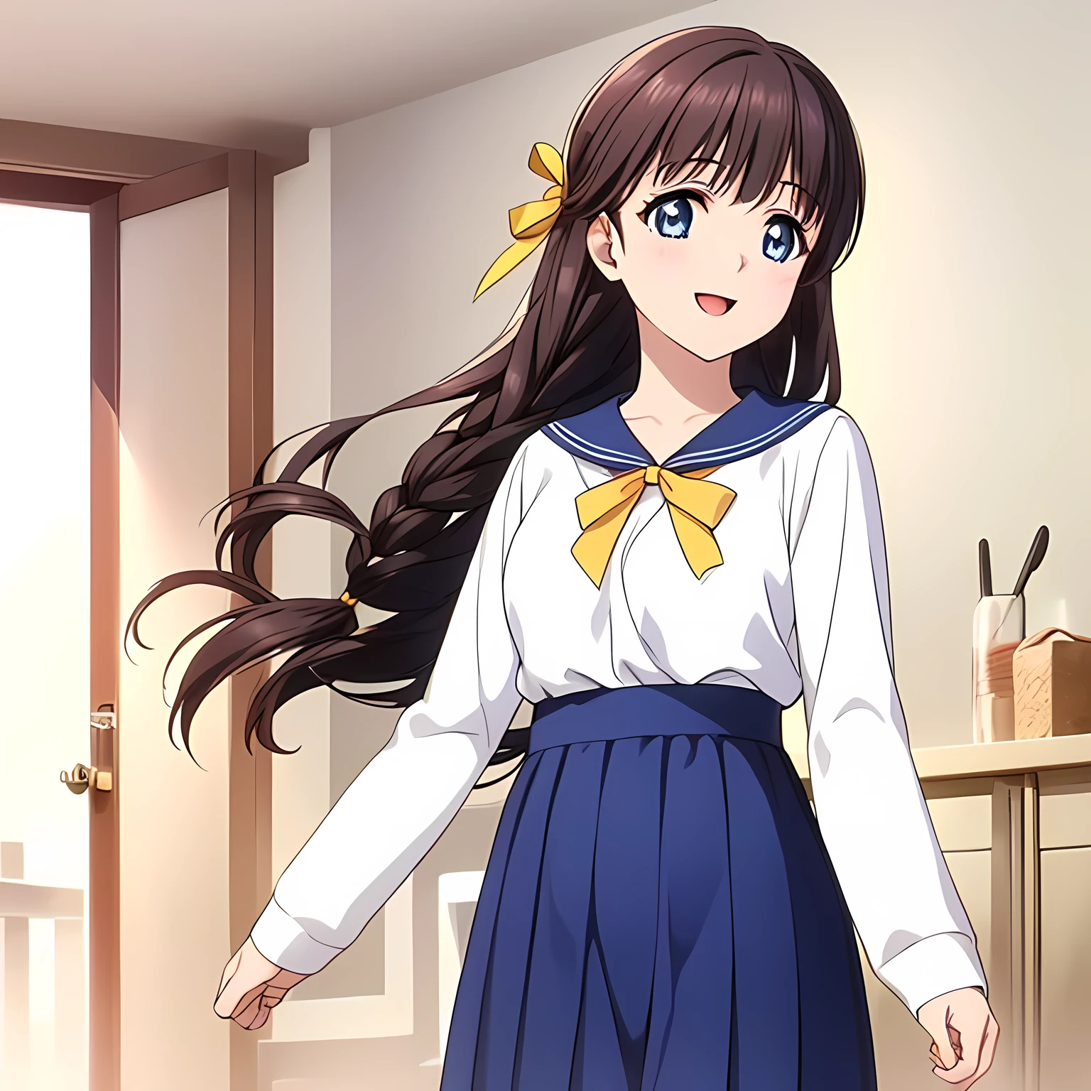 (highest quality, masterpiece:1.2), highest quality, High resolution, 1080p, 8K, Height: 158cm, Anime-style CG, ((A beautiful girl, the game heroine, is smiling and looking proudly.)), A face that everyone loves, Glossy lips, Even bangs, Double, Long eyelashes on both the top and bottom, Smiling blue eyes, The very large and thick yellow ribbon bowtie is very cute., ((Black Hair)), ((Beautiful, shiny, long braids)), ((A long, neat, dark navy pleated skirt)), (((A long-sleeved winter sailor uniform in cream and navy blue))), cream sleeves, Cream colored blouse, Smiling, slightly open mouth like a game heroine, Ribbon in hair, Tight waist, (((The background is a blank white wall))), ((The wind blowing upwards is only shaking my bangs)), The ribbon is big and very pretty.