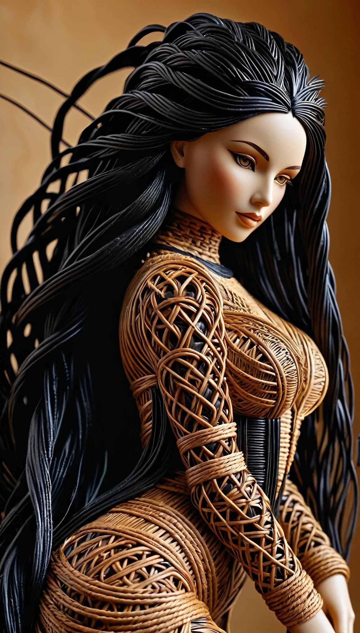 Sculpture du corp d'une sublime grande femme moderne faite en rotin tressés, corps entier, highly detailed rattan, very long black hair in dark raffia rope braids , Sculpture très détaillé, (proportions parfaites, sublime poitrine effet push-up,  long sublime legs very detailed, marche vers moi, me regarde droit dans les yeux, two perfectly detailed bare feet, fine and detailed hands, Perfect face very detailed), (Best quality, 8k,masterpiece:1.2, hyperRéaliste:1.2), ((marche vers moi, me fait face))