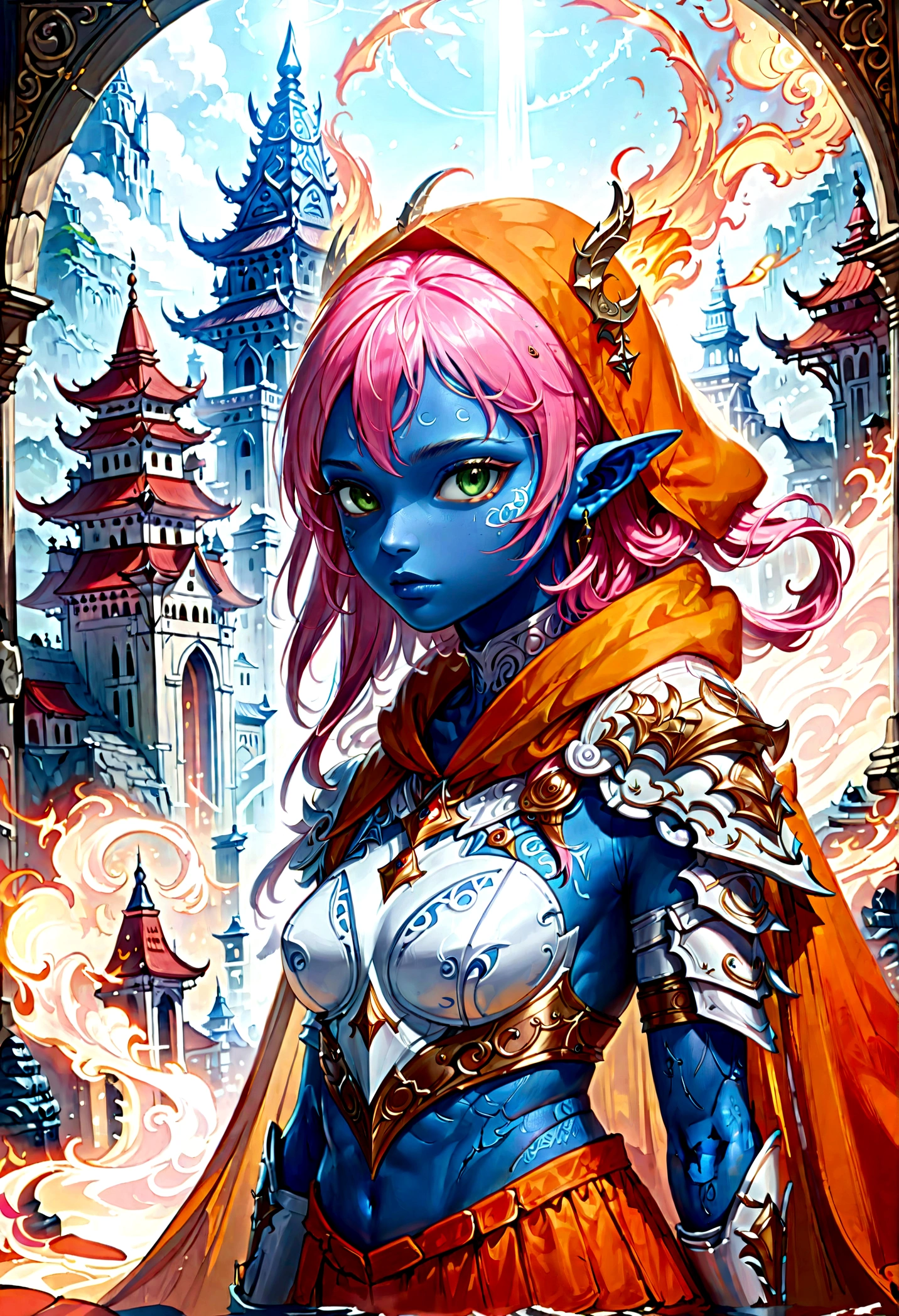 fantasy art, dnd art, RPG art, wide shot, (masterpiece: 1.4) a (portrait: 1.3) intense details, highly detailed, photorealistic, best quality, highres, portrait a female (fantasy art, Masterpiece, best quality: 1.3) ((blue skin: 1.5)), intense details facial details, exquisite beauty, (fantasy art, Masterpiece, best quality) cleric, (blue skinned: 1.3) female, (pink hair: 1.3), long hair, (no ears: 1.5), (green eyes: 1.3), armed with a fiery sword red fire, wearing (white armor: 1.3), wearing high heeled laced boots, wearing an (orange cloak:1.3), wearing glowing holy symbol GlowingRunes_yellow, within fantasy temple background, reflection light, high details, best quality, 16k, [ultra detailed], masterpiece, best quality, (extremely detailed), close up, ultra wide shot, photorealistic, RAW, fantasy art, dnd art, fantasy art, realistic art,((best quality)), ((masterpiece)), (detailed), perfect face,2d anime hand-drawn digital sketch style