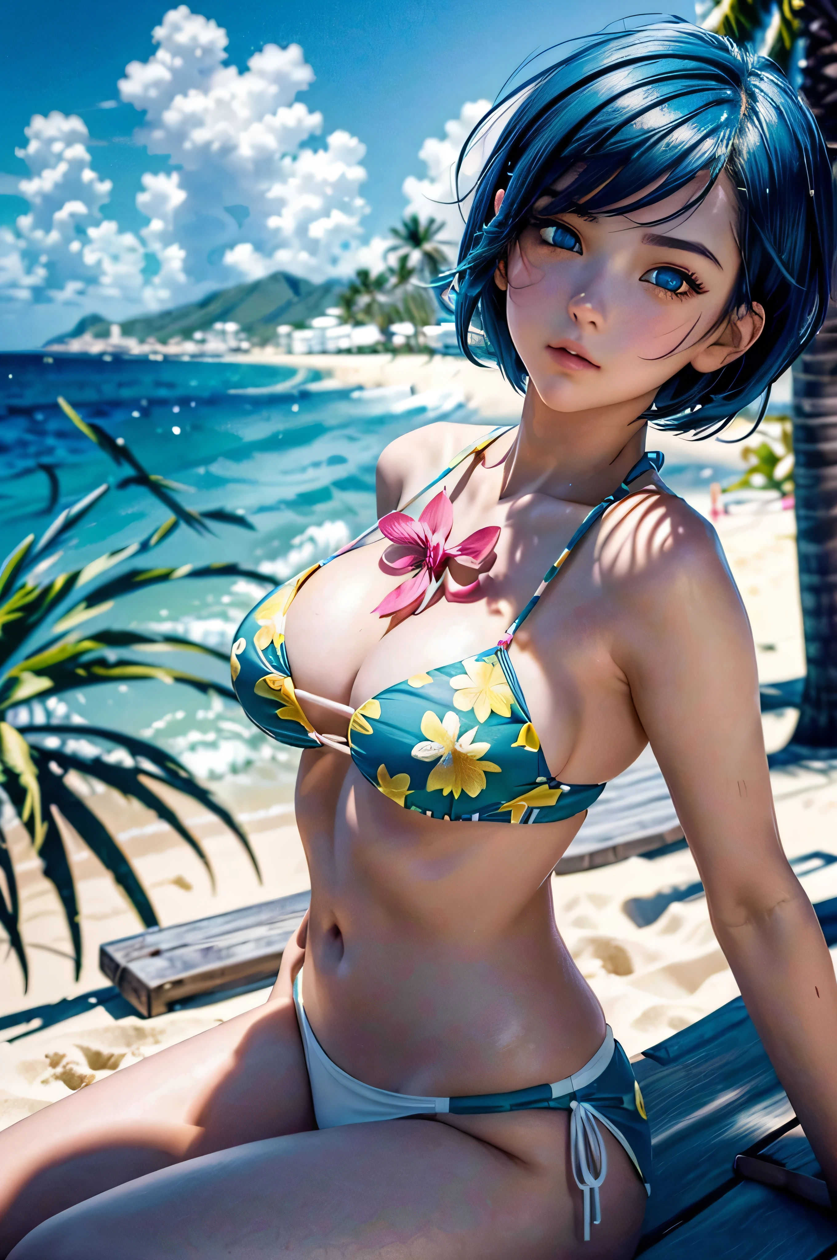 This is a close-up shot of a young anime girl in a bikini on the beach:1.4),(solo:1.4),(1girl:1.4),(short blue hair:1.3),(yellow-green eyes:1.2),(floral bikini top:1.3),(white bikini bottom:1.2),(navel:1.1),(sitting on the beach:1.3),(palm trees in the background:1.2),(ocean in the background:1.2),(blue sky:1.1),(detailed face:1.3),(detailed beautiful eyes:1.3),(slightly turned awaylips:1.2),(shy and embarrassed expression:1.3),(blushed cheeks:1.2),(slender body:1.2),(large breasts:1.3),(masterpiece:1.2),(best quality:1.3),(ultra high res:1.2),(photorealistic:1.1), lora:cuteGirlMix4_v10:0.5, lora:KoreanDollLikeness_v15:0.3,