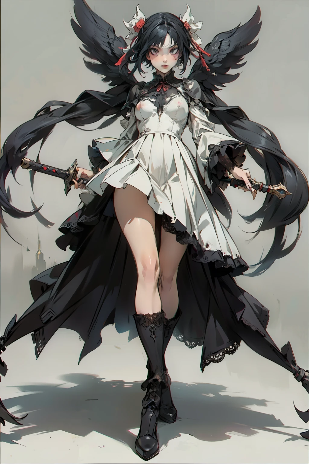 ((best quality)), ((masterpiece)), (detailed), blank white background, plain background, white background, red and white clothing, Bloodborne inspired, occult aesthetic, occult, occult paraphernalia, detailed and intricate steampunk and detailed gothic, NSFW, Very dramatic and cinematic lighting, cosmic horror, grim-dark, side-lighting, perfect face, NSFW, Fluttering lace flared long knee length dress with frilly petticoats, knee length dress, pleated petticoats, lolita dress, petticoats gothic lolita, complex lace boots, side-lighting, gothic lolita aesthetic, wielding mighty mechanical melee weapons, mechanical components, carbine, NSFW, beautiful small breasts, small breasts, full body, whole body, body, plain background, white background, blank background, no background, white background NSFW, full body, whole body, head-to-toe NSFW