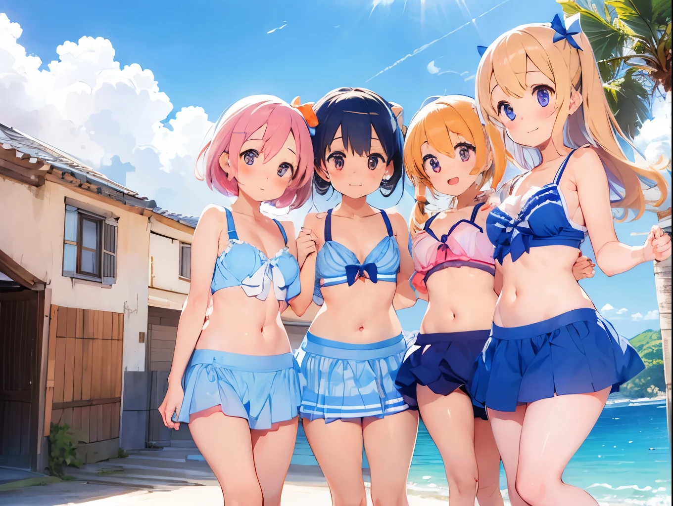 (anime artwork, anime style, studio anime, very detailed, up to date, vibrant, Anime Coloring, high contrast, masterpiece:1.5, best quality, best aesthetics),5 girl,hug from behind,swim suits, Medium chest, A glimpse of thighs,random hair, One eye is hidden by the bangs, perfect proportions, high detail skin, Cute, detailed faces,pool, precise fingers,curvy,swim suits  crowd,swim in the pool