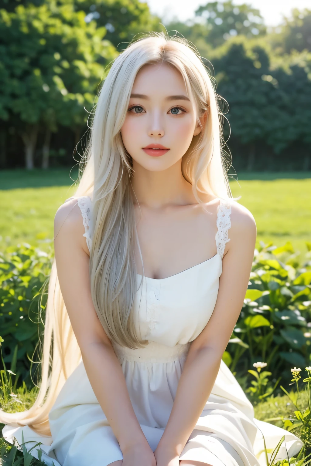 (masterpiece, best quality),1Beautiful girl with long white hair sitting in a field of green plants and flowers, Her hands are under her chin, warm lighting, white dress, blurry view