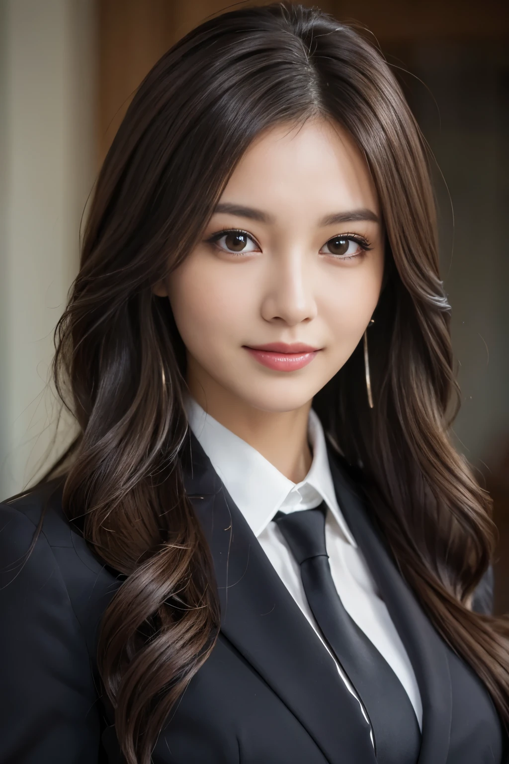 Tabletop, highest quality, Realistic, Super detailed, In detail, High resolution, 8k wallpaper, 1. Beautiful Women,, Light brown messy hair, Wearing a business suit, Sharp focus, Perfect dynamic composition, Beautiful fine details, Fine hair, Detailed and realistic skin texture, smile, Close-up portrait, Model Body Type