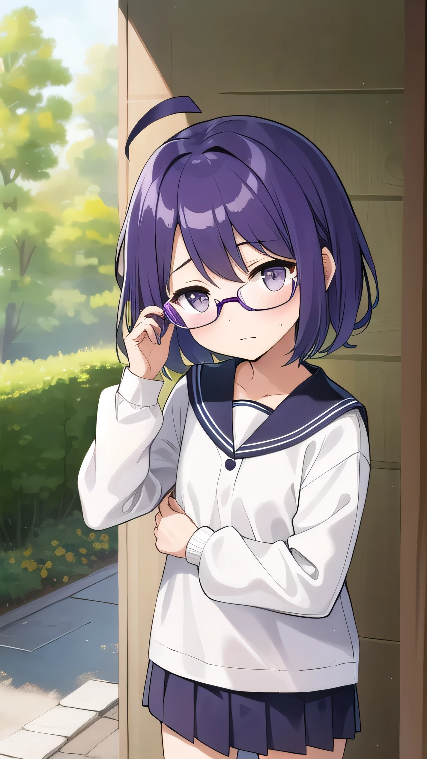(Purple hair:1.4), gray eyes, white , navy blue miniskirt, 11 years old, short, short long hair, kind expression, shy, , almost no breasts, slightly exposed. hair,(flipped hair ), flipped hair, long sleeves, ahoge, girl alone, flipped hair, flipped hair, flipped hair, flipped hair, glasses with no edges, embarrassed, flat chest