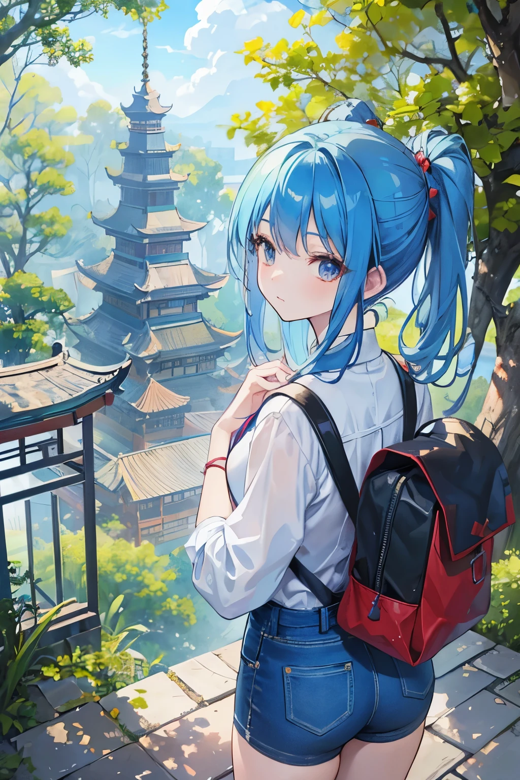 Five-story pagoda, girl looking up, blue hair color, backpack on her back, jeans, solo, expression wide-eyed surprise at the power of the five-story pagoda, clear sky far away, beautiful summer green trees, high definition, high quality.