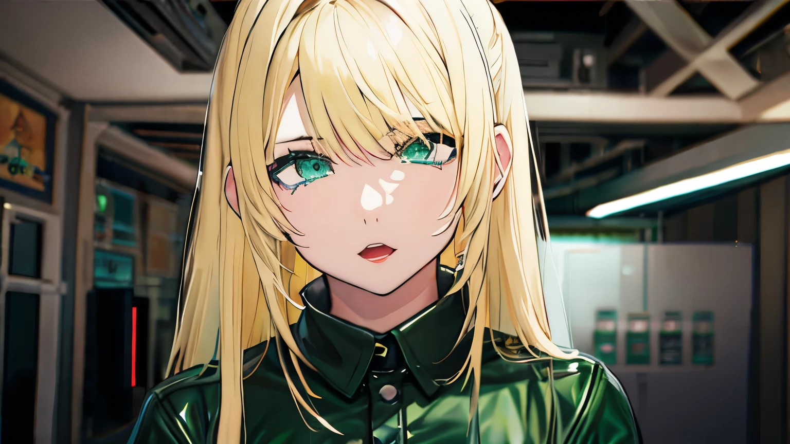 Black Tears、Korean、1 girl、blonde、amount、Green Leather Shirt、Raise your collar、Look up、