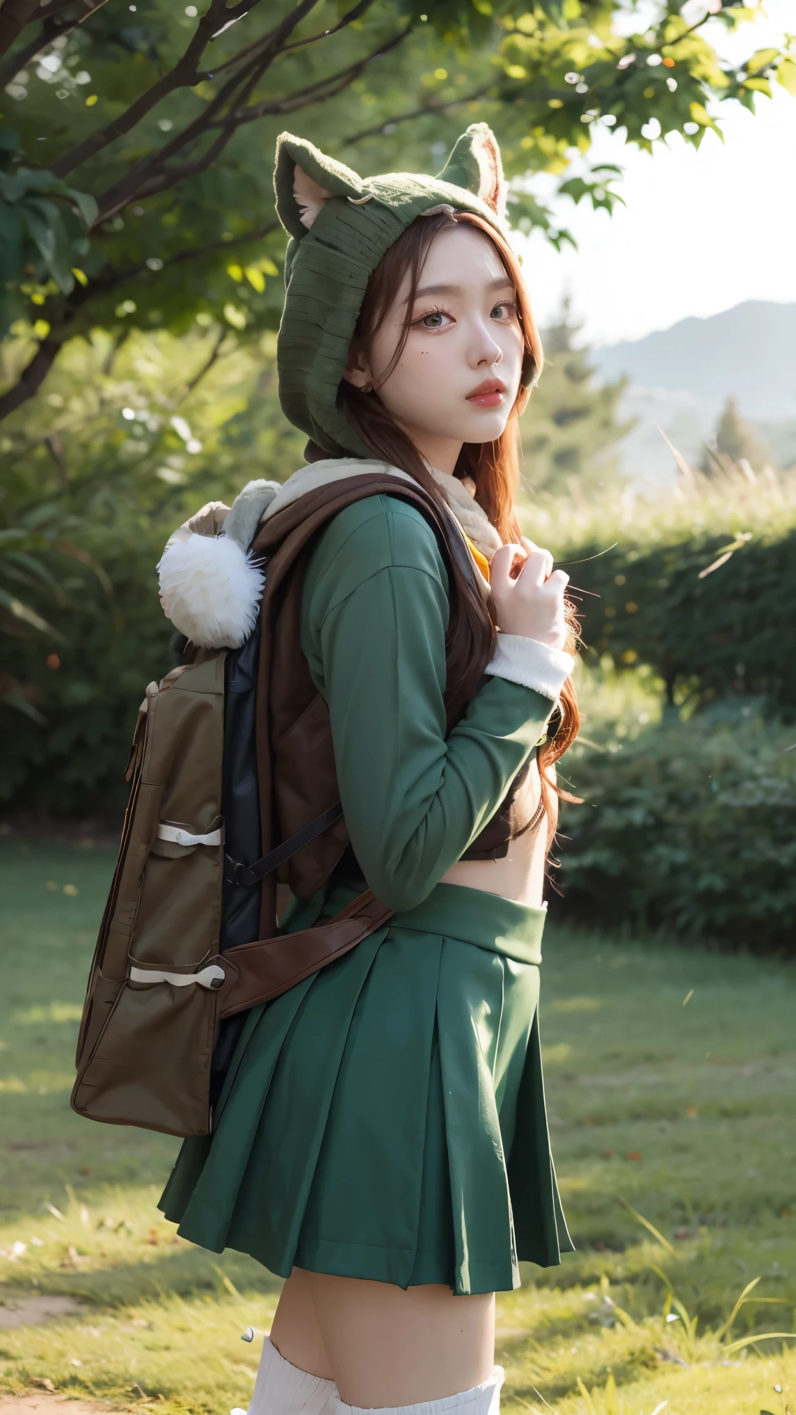 Grass, Sky, Field, League of Legends, 1girl, elf, druid, animal ears, bandage legs, long legs, bandage, bandage, bird legs, bird skull, cape, shut up, ears by headdress, eyes visible through hair, face drawings, feathers, hood, hooded cape, long hair, brown green eyes, Ginger, red hair, colorite hair, armor, blue scarf, scarf, scarf, scarf long hair, hooded scarf, green clothes, green skirt,  long skirt, leather armor, nose ring, nostrils, backpack