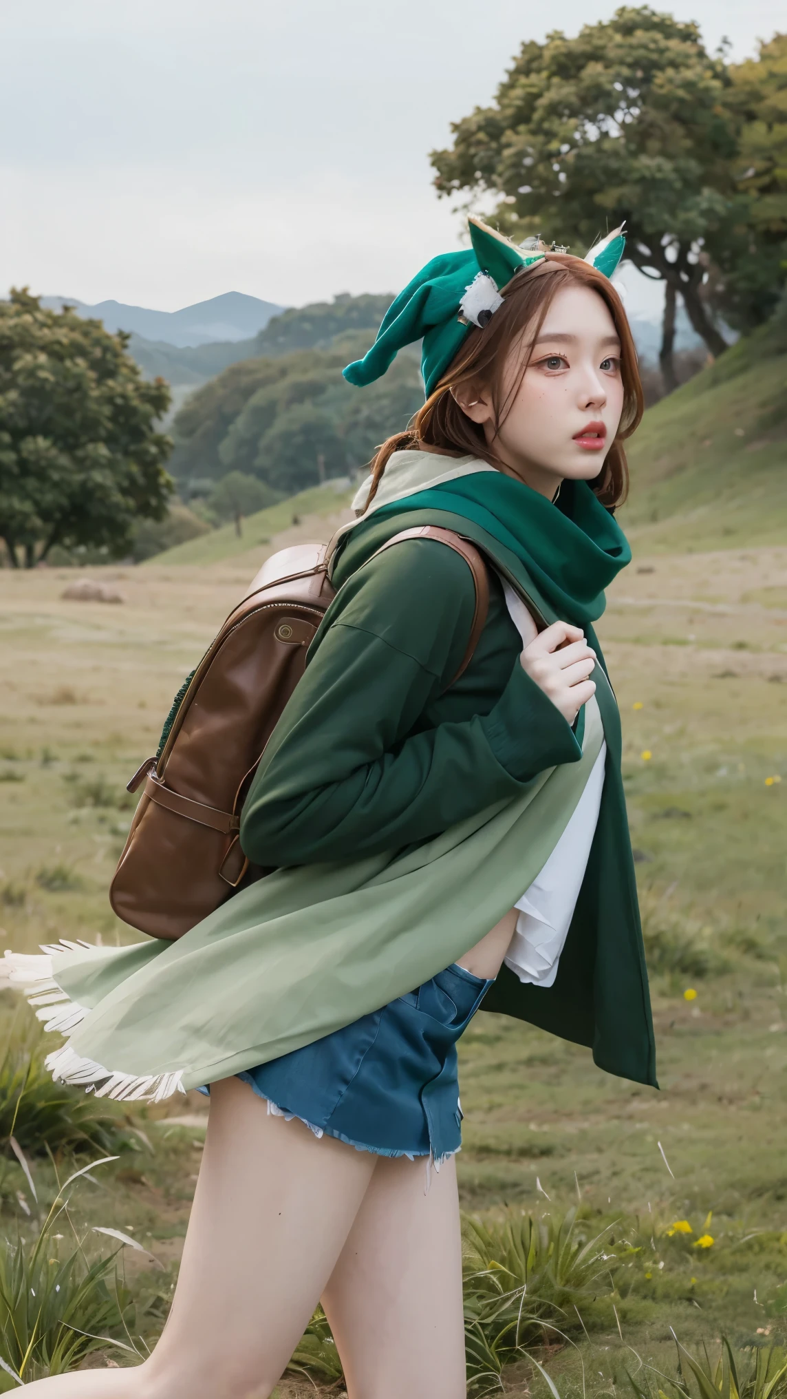 Grass, Sky, Field, League of Legends, 1girl, elf, druid, animal ears, bandage legs, long legs, bandage, bandage, bird legs, bird skull, cape, shut up, ears by headdress, eyes visible through hair, face drawings, feathers, hood, hooded cape, long hair, brown green eyes, Ginger, red hair, colorite hair, armor, blue scarf, scarf, scarf, scarf long hair, hooded scarf, green clothes, green skirt,  long skirt, leather armor, nose ring, nostrils, backpack