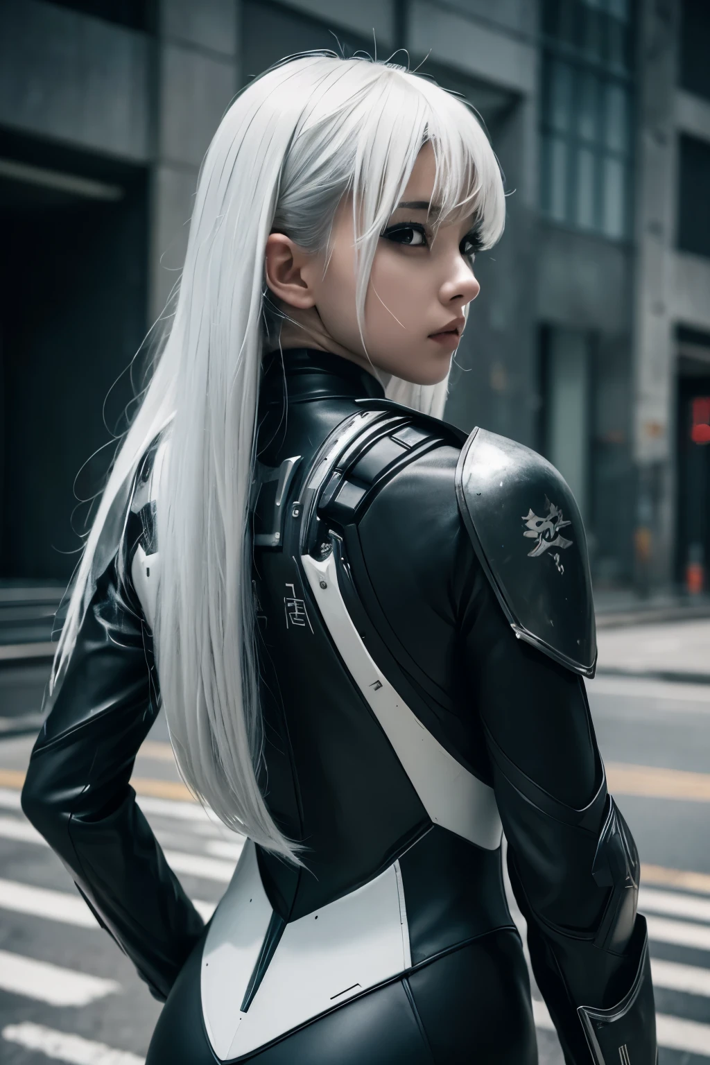 A girl with white hair、He wears a heavy black and white mechanical suit.。On her back is a big、It has a sharp black tail、The overall impression is aggressive and powerful.。The suit has sharp edges、Futuristic and intimidating design。
Her eyes are cold、He has a sharp gaze.、Combined with the weight of the suit, it creates a very powerful atmosphere.。The suit has exposed black metal on its surface.、Traces of battle can be seen。
The background is simple、The girl is painted in a light grey to emphasize her presence.。The overall atmosphere is dark.、It gives a post-apocalyptic feel。