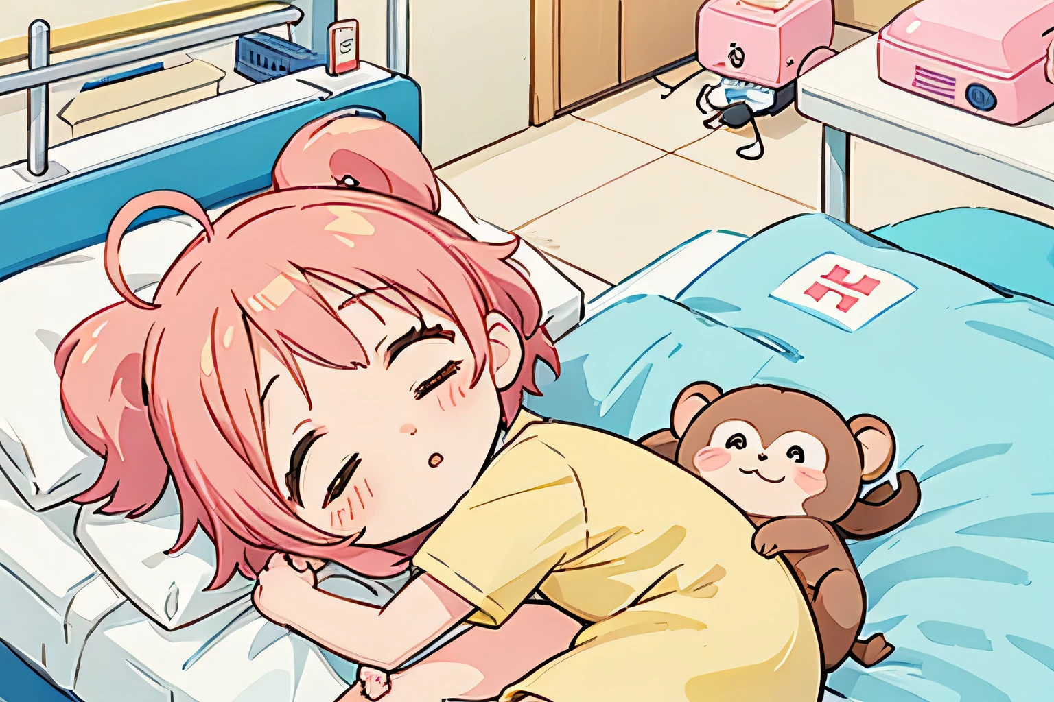 watase Seizo style, Kawaii Design, The most beautiful girl of all time、Chibi, play together、cute monkeys, Taking a nap together, hospital bed