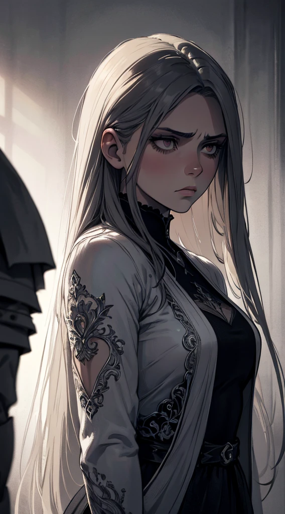 a sad and beautiful girl, detailed intricate face, deep melancholy expression, long flowing hair, dark dramatic lighting, somber moody atmosphere, exquisite detailed portrait, cinematic dramatic composition, muted color palette, masterpiece, high resolution, photorealistic