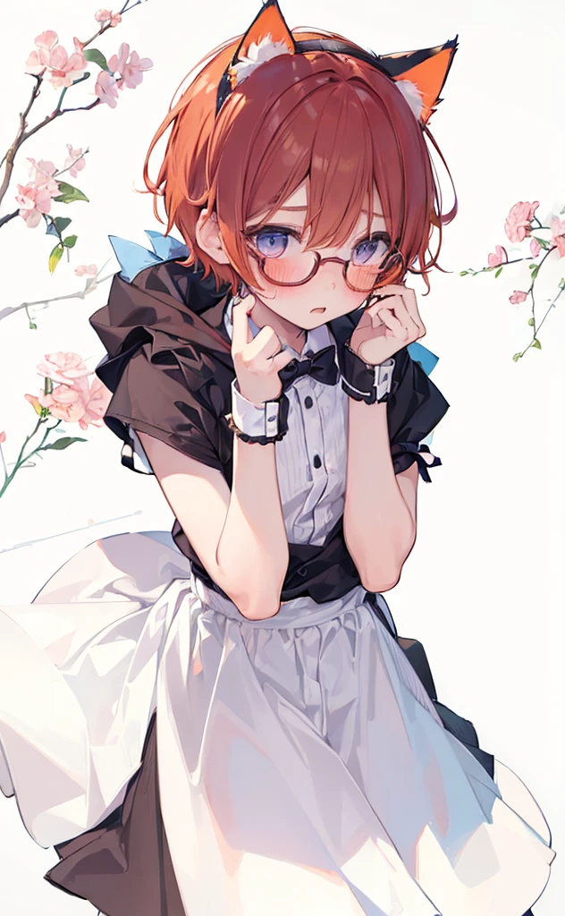 (((Boy with cat ears))), 8k, ((best quality)), 7 , very cute, orange hair, (((very blush))), Wear glasses, 