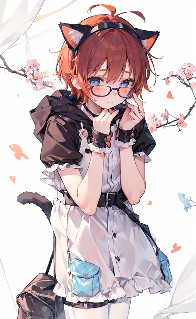 (((Boy with cat ears))), 8k, ((best quality)), 7 yease old, very cute, orange hair, (((very blush))), Wear glasses,