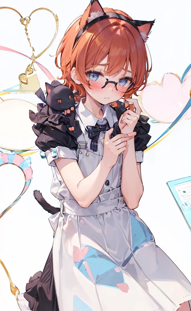 (((Boy with cat ears))), 8k, ((best quality)), 7 yease old, very cute, orange hair, (((very blush))), Wear glasses,