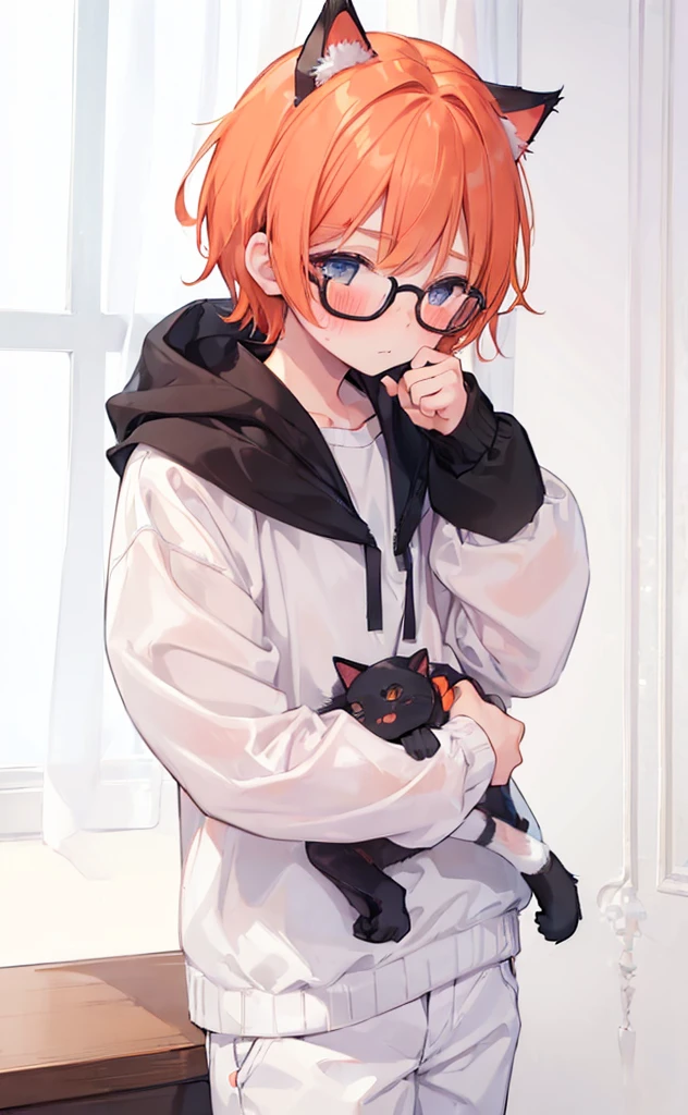 (((Boy with cat ears))), 8k, ((best quality)), 7 yease old, very cute, orange hair, (((very blush))), Wear glasses, 