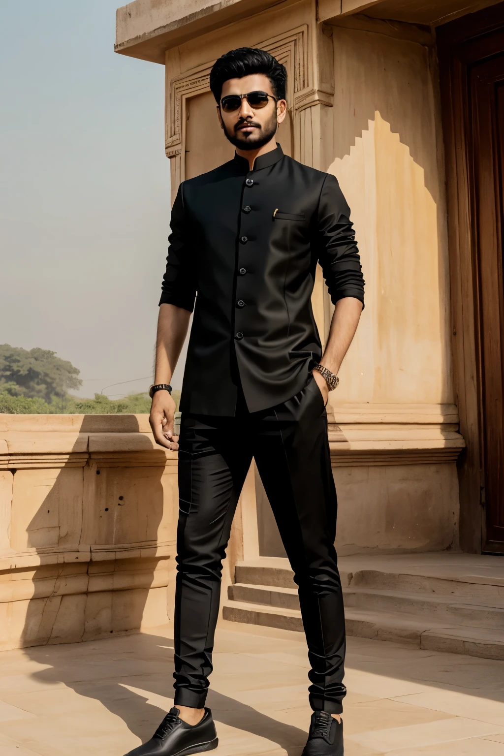 A gujrati guy wearing all black outfit in the sunny day of india