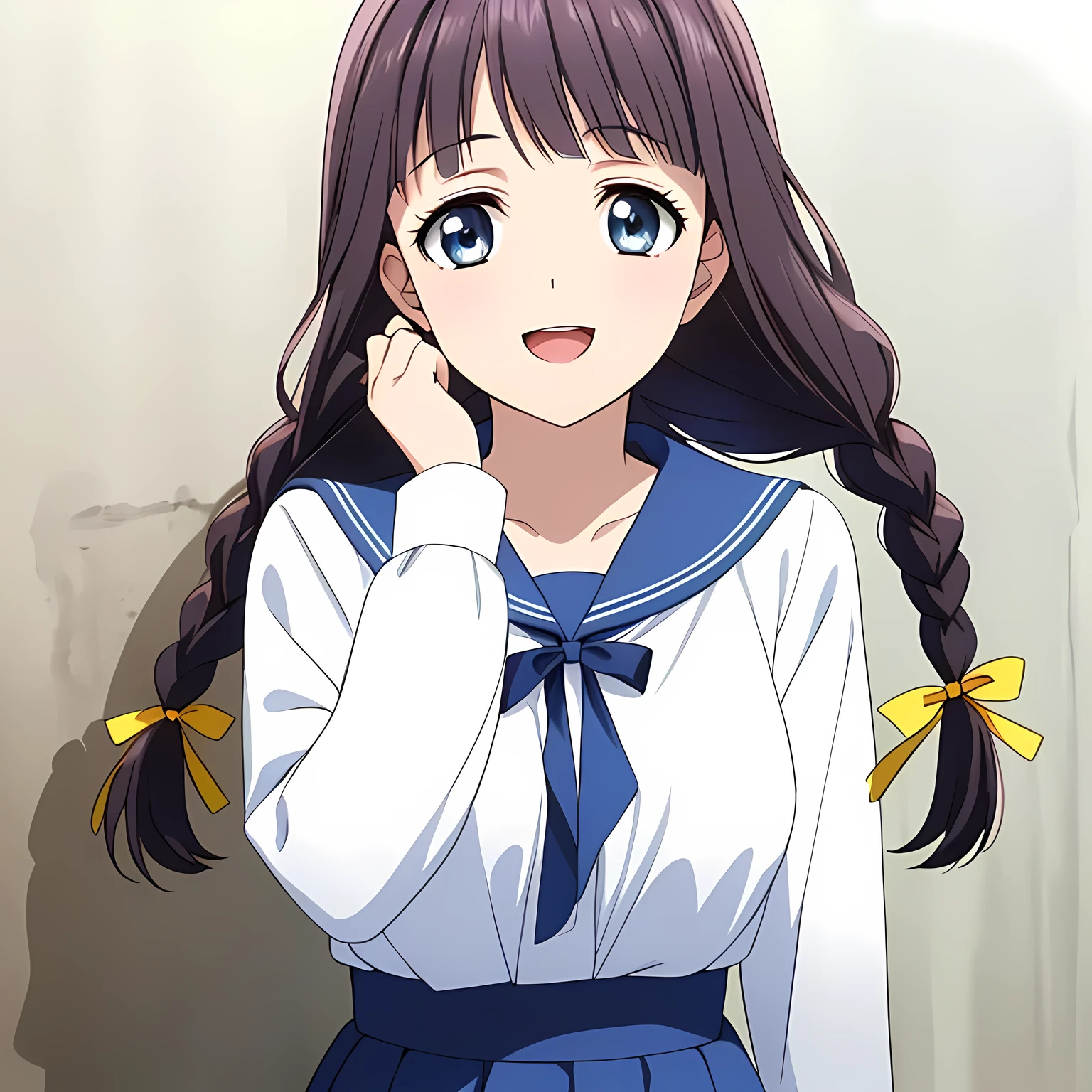 (highest quality, masterpiece:1.2), highest quality, High resolution, 1080p, 8K, Height: 158cm, Anime-style CG, ((A beautiful girl, the game heroine, is smiling and looking proudly.)), A face that everyone loves, Glossy lips, Even bangs, Double, Long eyelashes on both the top and bottom, Smiling blue eyes, The very large and thick yellow ribbon bowtie is very cute., ((Black Hair)), ((long twin braids)), ((A long, neat, dark navy pleated skirt)), (((A long-sleeved winter sailor uniform in cream and navy blue))), cream sleeves, Cream colored blouse, Smiling, slightly open mouth like a game heroine, Ribbon in hair, Tight waist, (((The background is a blank white wall))), ((The wind blowing upwards is only shaking my bangs)), The ribbon is big and very pretty.