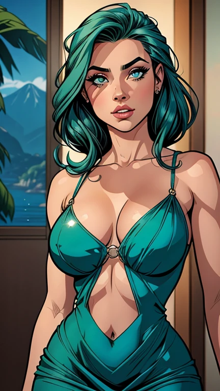 .mulher de 21 anos , cabelo longo e liso em tom ruivo, olhos azuis brilhantes e expressivos, ela optou por um elegante vestido preto. saque, peituda. Comic style. Quadrinhos da Marvel