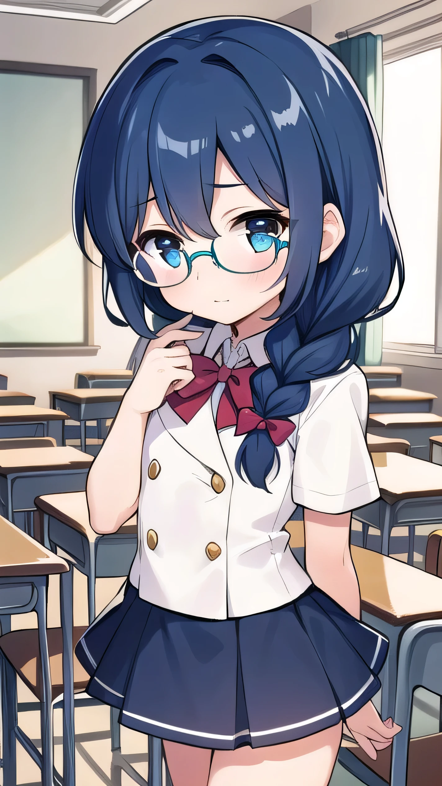 small breasted girl, short, elementary school student, blue hair, single braid, blue eyes, round eyes, shy, shy, classroom, short, young face, short height, , glasses with no edges,flat chest,