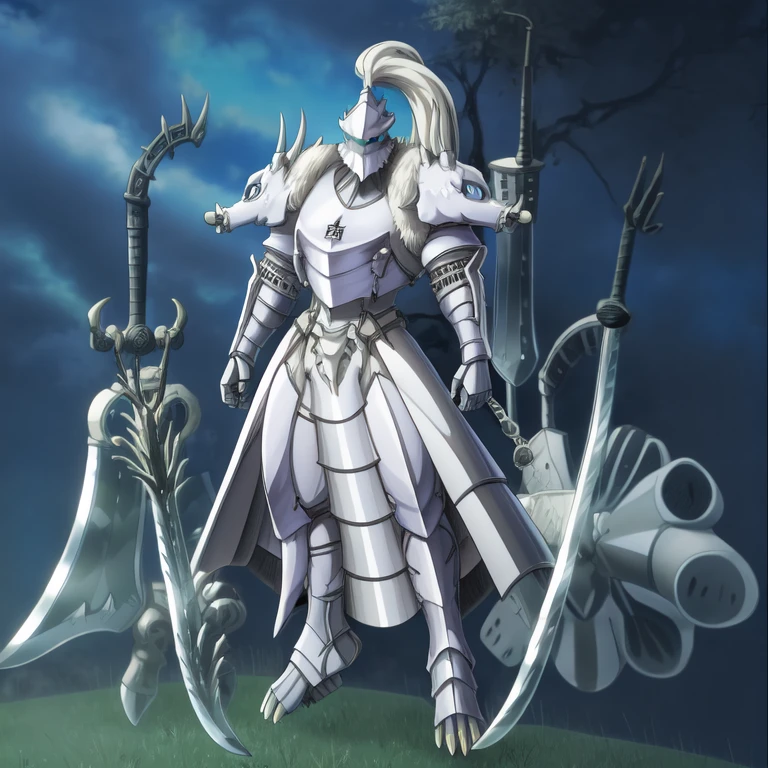 Platinum_Dragon_Lord_Armor, solo, melee weapon, weapon, armor, plate armor, sword, floating weapon, anthro, hi res, knight, clothing, helmet, detailed background, white fur, claws, full body,