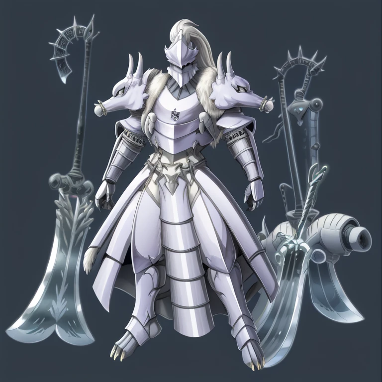 Platinum_Dragon_Lord_Armor, solo, melee weapon, weapon, armor, plate armor, sword, floating weapon, anthro, hi res, knight, clothing, helmet, detailed background, white fur, claws, full body,