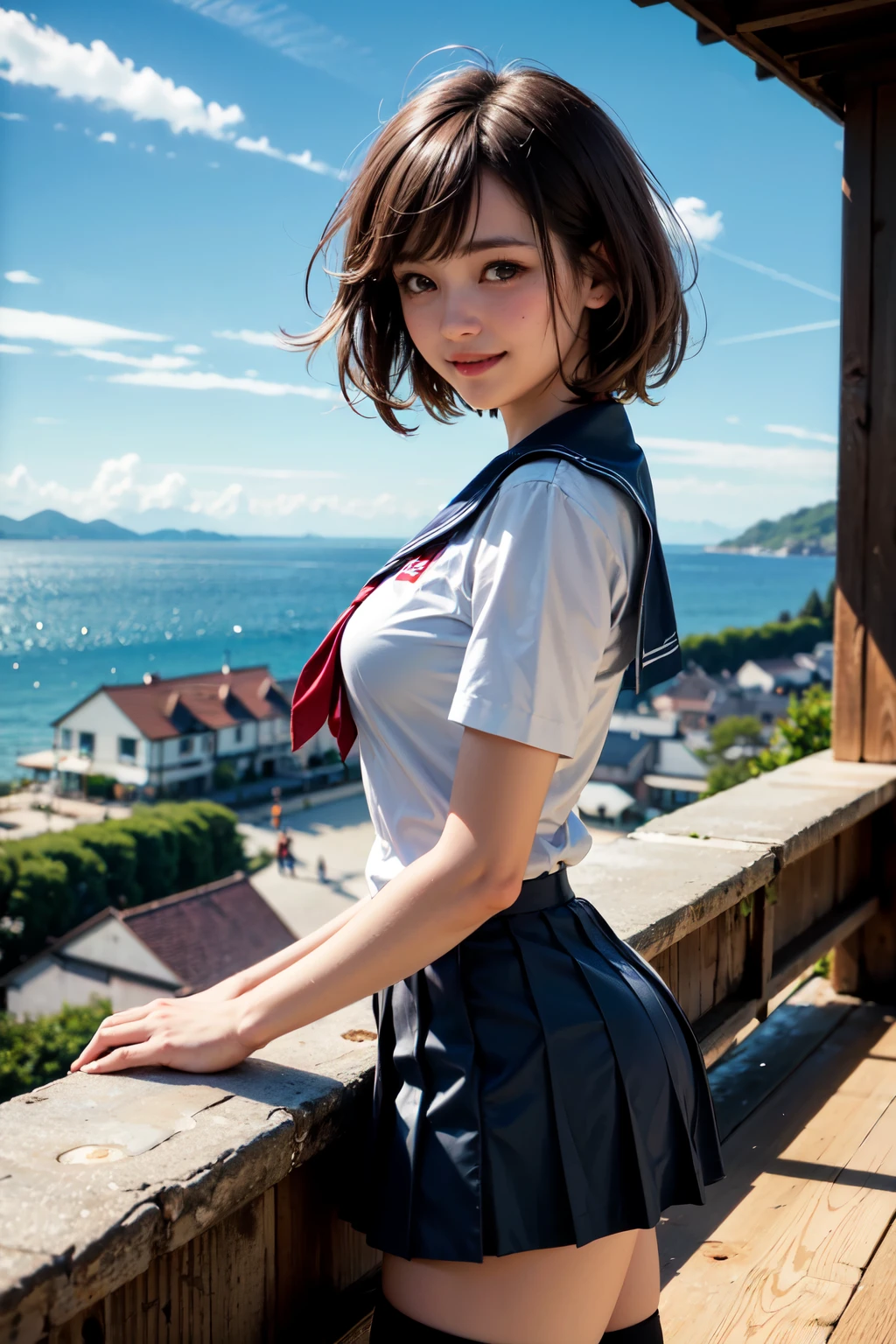 very cute and beautiful school girl on hilltop,(highly detailed beautiful face), (smile:1.2),happy,cowboy shot,sailor ,short sleeve,pleated navy blue mini skirt,medium hair,black hair,zettai ryouiki, (ocean view,from top of hill),(looking at viewer),lighthouse,many houses with red roof,detailed landscape, (best quality,masterpiece),absurdres,highres,ultra-detailed,extremely detailed,32k,8k resolution, intricate details,cinematic scene,detailed background,solo,dynamic angle, natural lighting,hair fluttering in the wind,beautiful detailed sky,