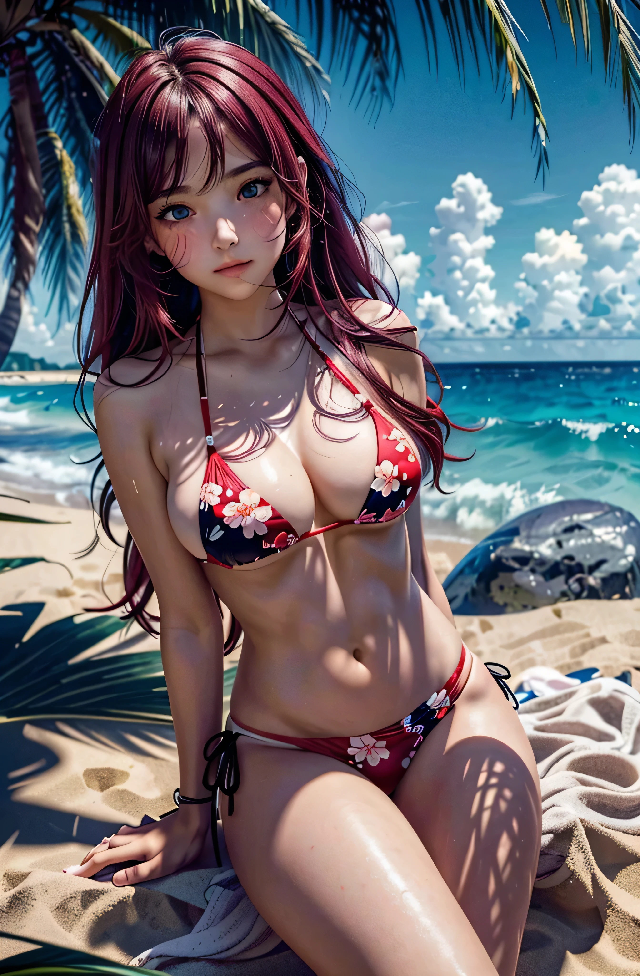 This is a close-up shot of a young anime girl in a bikini on the beach:1.4),(solo:1.4),(1girl:1.4),(Red Long hair:1.3),(Black eyes:1.2),(Red floral bikini top:1.3),(white bikini bottom:1.2),(navel:1.1),(sitting on the beach:1.3),(palm trees in the background:1.2),(ocean in the background:1.2),(blue sky:1.1),(detailed face:1.3),(detailed beautiful eyes:1.3),(slightly turned awaylips:1.2),(shy and embarrassed expression:1.3),(blushed cheeks:1.2),(slender body:1.2),(large breasts:1.3),(masterpiece:1.2),(best quality:1.3),(ultra high res:1.2),(photorealistic:1.1), lora:cuteGirlMix4_v10:0.5, lora:KoreanDollLikeness_v15:0.3,