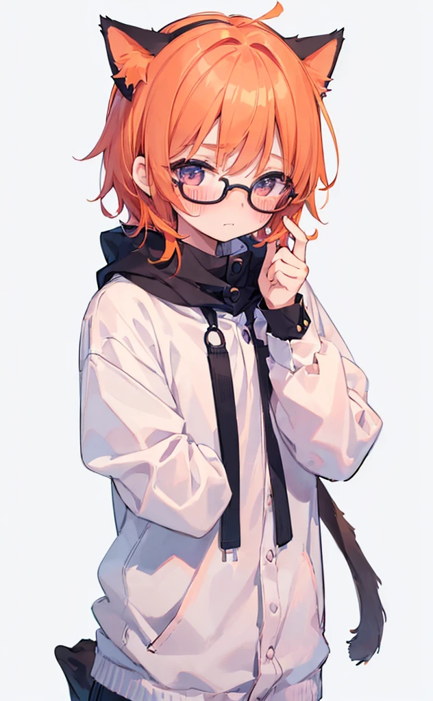 (((Boy with cat ears))), 8k, ((best quality)), 7 yease old, very cute, orange hair, (((very blush))), Wear glasses, 