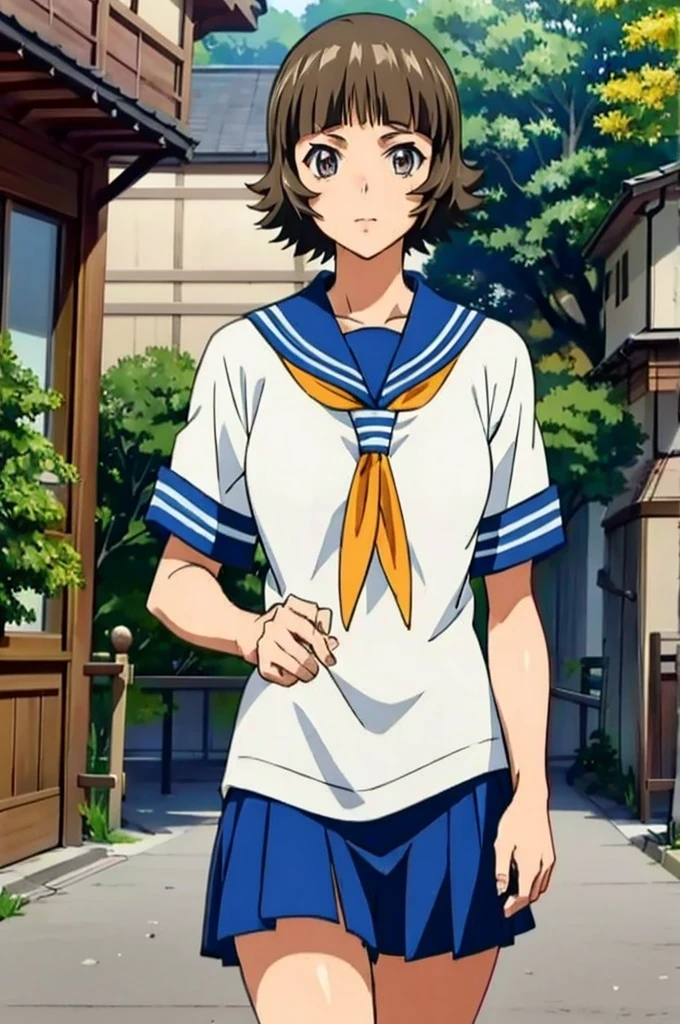 (masterpiece:1.3),(highest quality:1.4),(Super detailed:1.5),8K,High resolution,an extremely delicate and beautiful,Official Art,Perfect Anatomy,(anime_screencap:1.11),(90s Anime,90s Anime style,Cel-shaded anime:1.17),
anime coloring,detailed face and eyes, (solo:1.5),(anmnr:1.1),((ekitokuwz:1.52)),(school uniform:1.3),serafuku,short brown hair, pleated skirt, blue skirt, brown eyes, yellow neckerchief, short sleeves, japanese architecture,
walking, street, looking at viewer, cowboy shot,