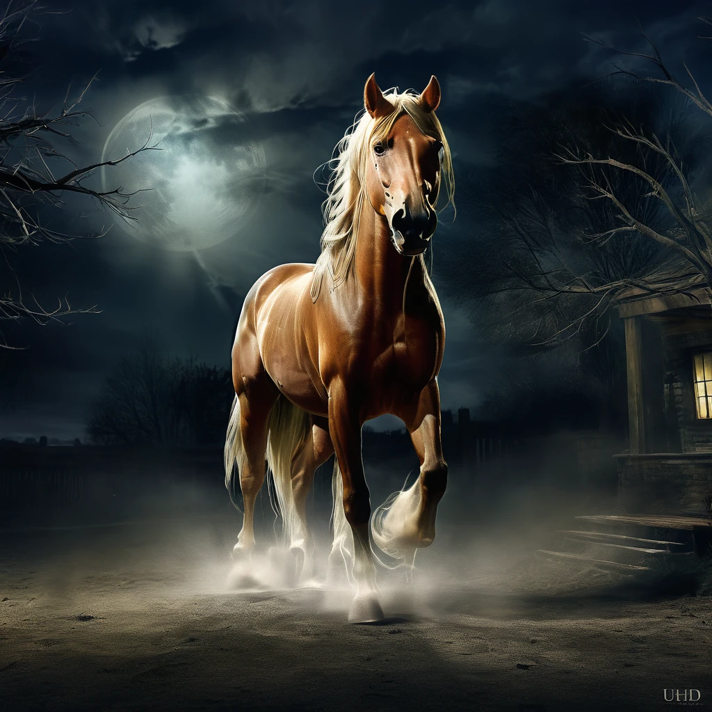 a black strong horsegalloping in the moonlight , floating mane eye reflection, red eyes, Gothic art, Action painting, cinematic lighting, vignetting, isometric, symmetry, wide shot, atmospheric perspective, emphasis lines, 360 view, Wide-Angle, Eye-Level Shot, Hyperrealism, UHD, masterpiece, textured skin, UHD