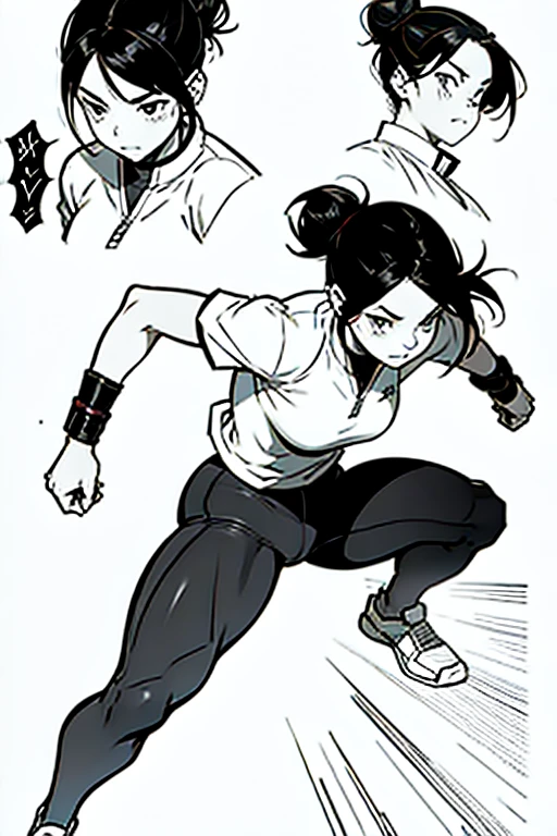 Girl with black hair in a bun fighting, full body positions, manga page with panels and dialogue