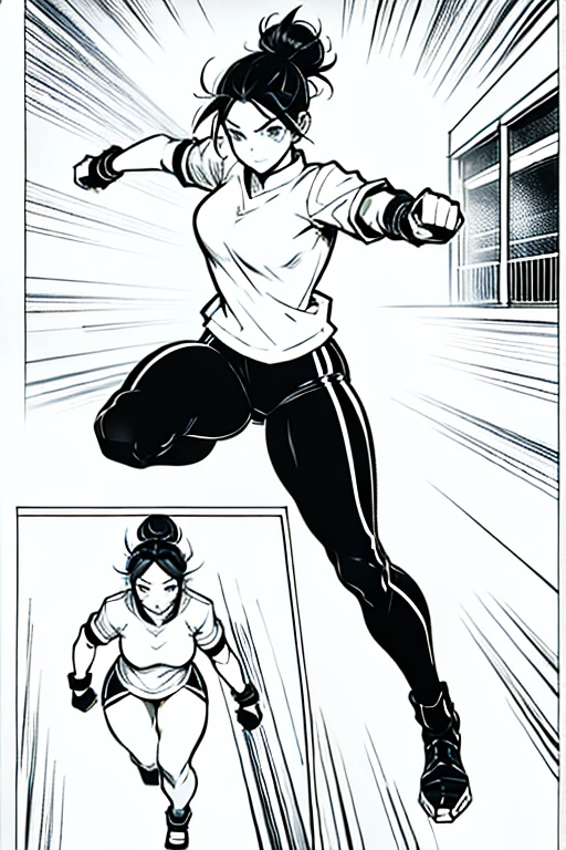 Girl with black hair in a bun fighting, full body positions, manga page with panels and dialogue