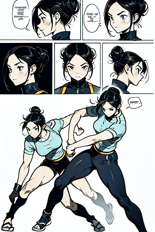 Girl with black hair in a bun fighting, full body positions, manga page with panels and dialogue