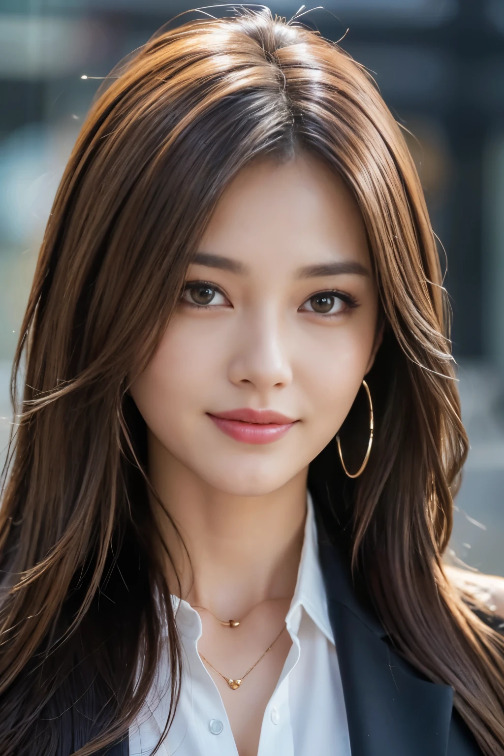 Tabletop, highest quality, Realistic, Super detailed, In detail, High resolution, 8k wallpaper, 1. Beautiful Women,, Light brown messy hair, Wearing a business suit, Sharp focus, Perfect dynamic composition, Beautiful fine details, Fine hair, Detailed and realistic skin texture, smile, Close-up portrait, Model Body Type