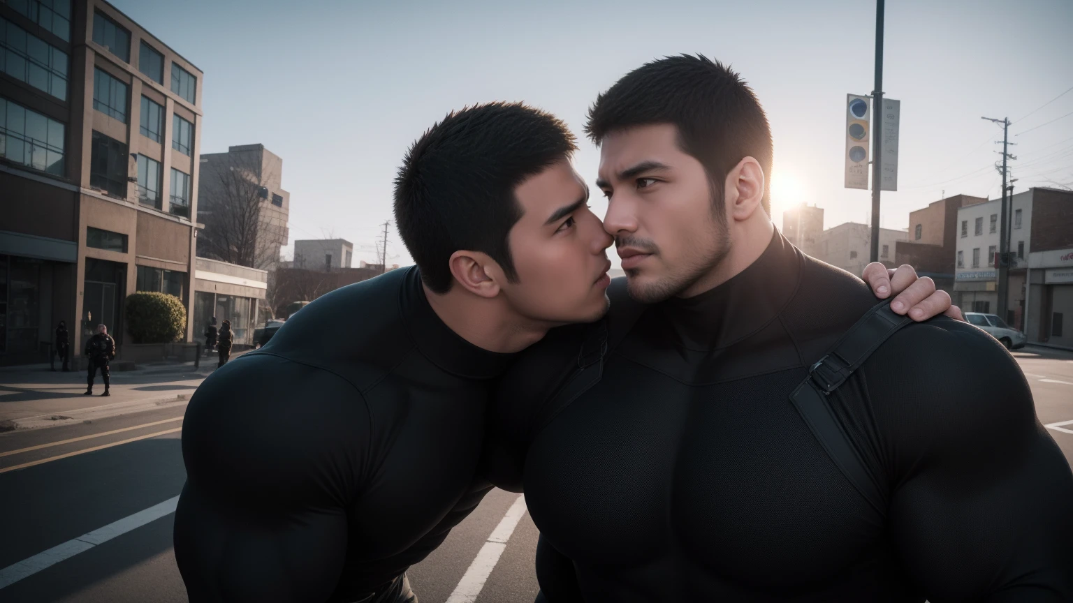 Super muscular man hugging,  Open your mouth and scream，Look at each other affectionately，They embrace affectionately，short hair，On a vintage outdoor street under the hot sun, Wear long sleeves, Deep turtleneck bodysuit, Thickened warm elastic texture，The clothes are dirty，There are mud stains，The expression is arrogant, Thick thighs, messy hair, Thick thighs, High-necked long-sleeved dark yellow high-necked tights, very tight, Regular symmetrical pattern, Highlight muscles, Police uniform pants, character concept（Resident Evil - chris redfield, chris redfield）A proud expression, Deep and charming eyes, Valiant male pose, tall Burly, muscular！muscular thighs, Tough Guy, Perfect facial features, High, Burly, Heqiang, Super exquisite and cool, High Resolution Committee, Attractive, The sun is blazing, Dazzling